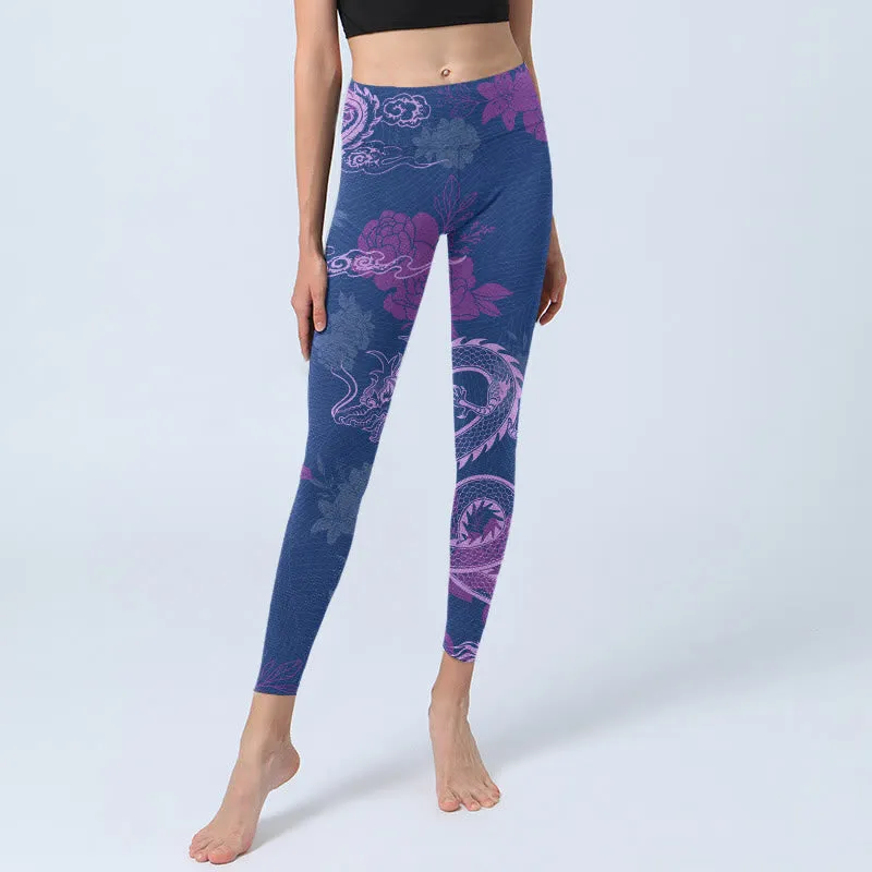 Buddha Stones Purple Dragon Phoenix Flowers Print Gym Leggings Women's Yoga Pants