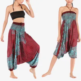Buddha Stones Two Style Wear Round Geometric Pattern Loose Smocked Harem Trousers Jumpsuit High Waist Women's Yoga Pants