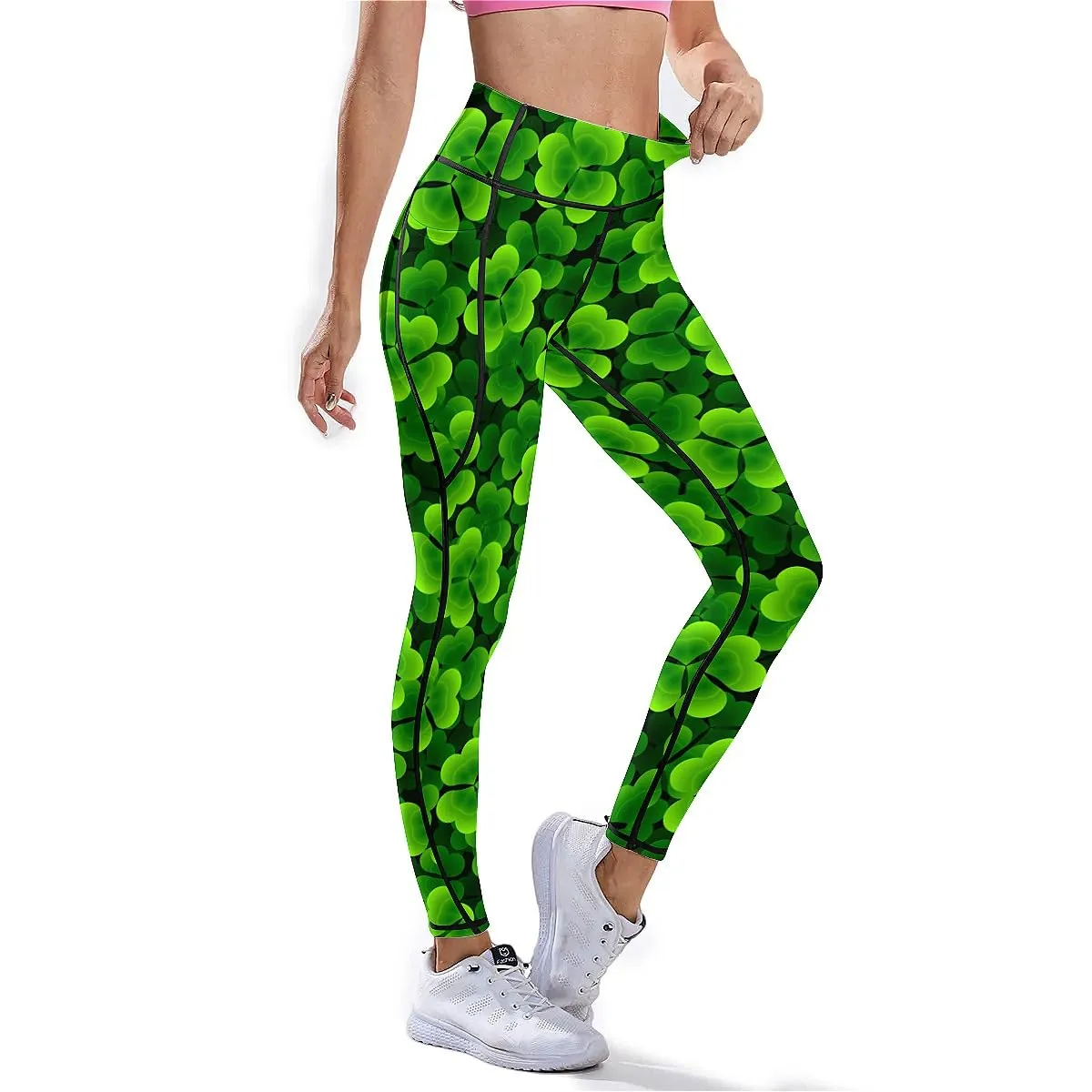 DROEYROEST St Patricks Womens High Waist Workout Leggings Printed Tummy Control Running Sports Yoga Pants with Pockets M