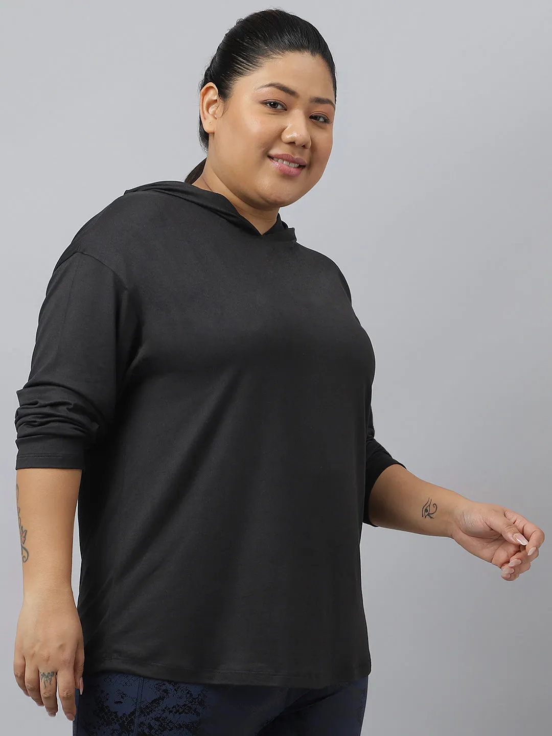 Fitkin Plus Size Anti-Odor Super Soft Black Boyfriend Hoodie Tshirt