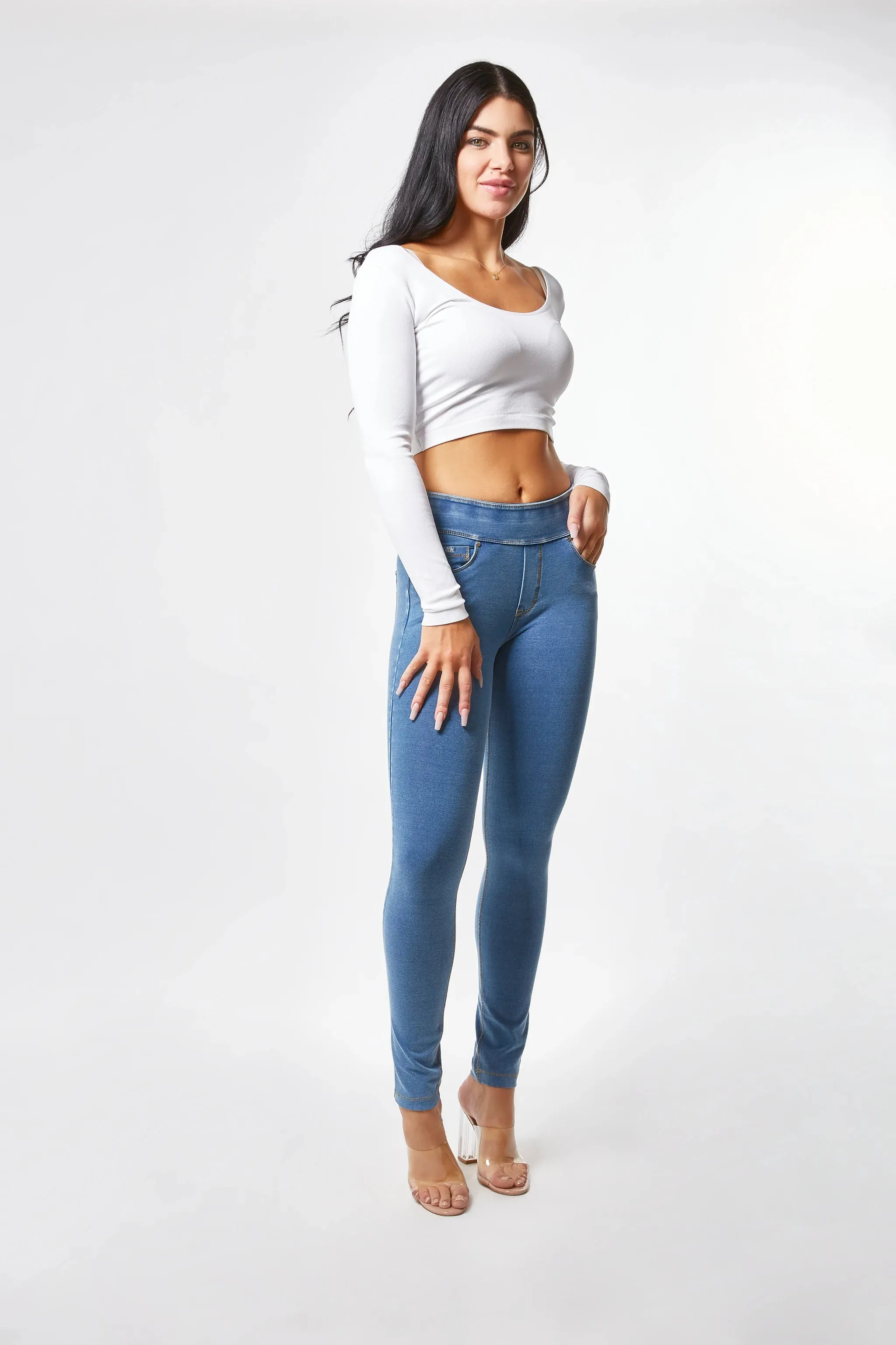 (NOWY1MC002-J4Y) N.O.W.® PANTS DENIM-EFFECT JERSEY LIGHT BLUE PANTS WITH A FOLDABLE WAIST