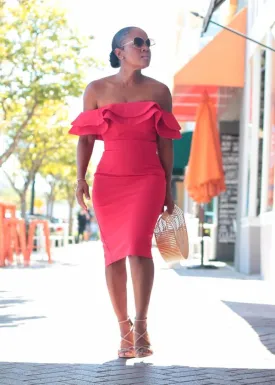 Yes She Did | Red Strapless Skirt Set with Ruffle Top Detail