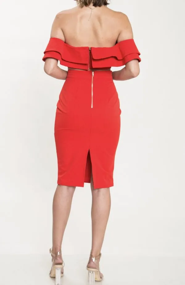 Yes She Did | Red Strapless Skirt Set with Ruffle Top Detail