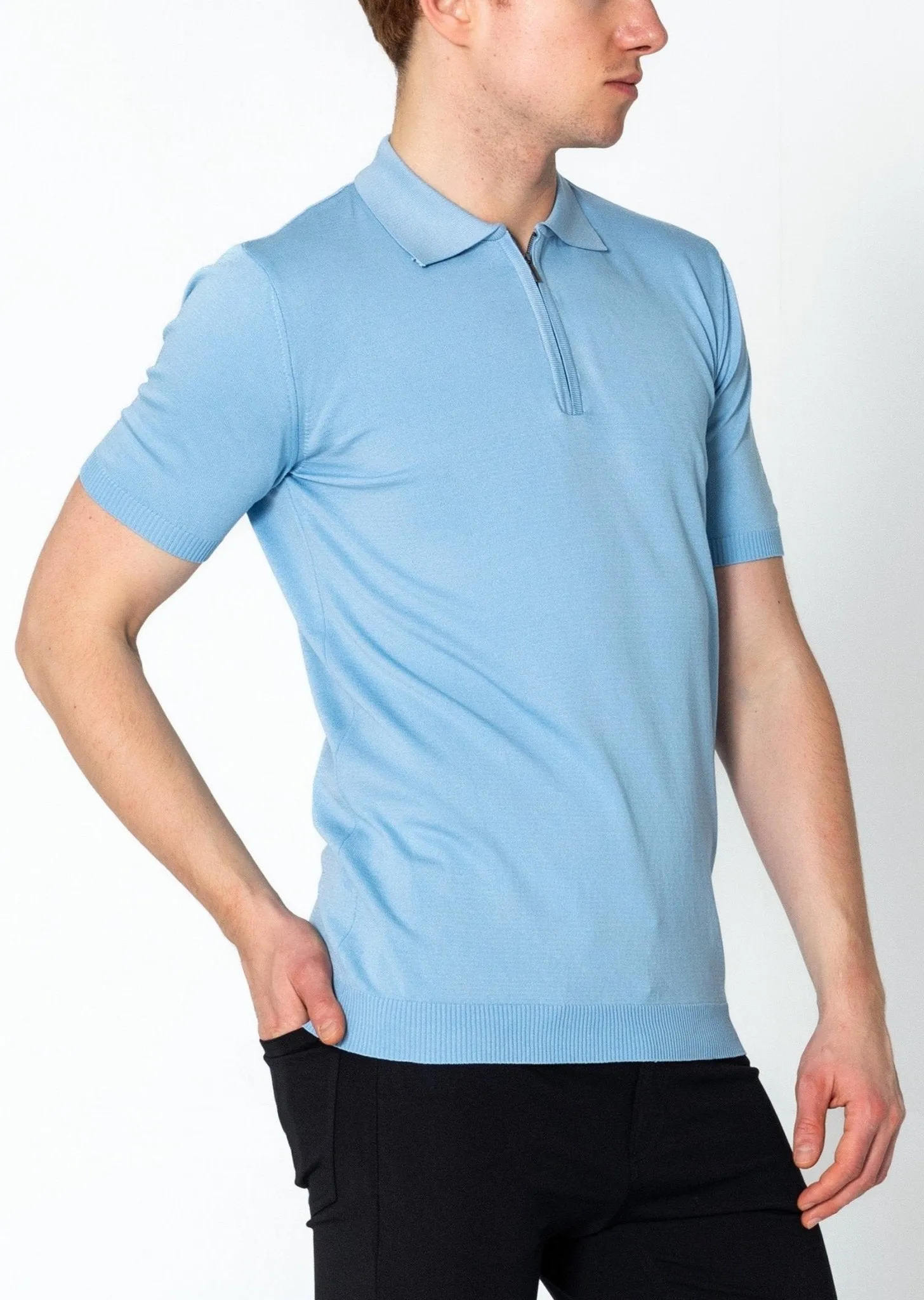 Zipper Closure Lightweight Polo Tee - Blue