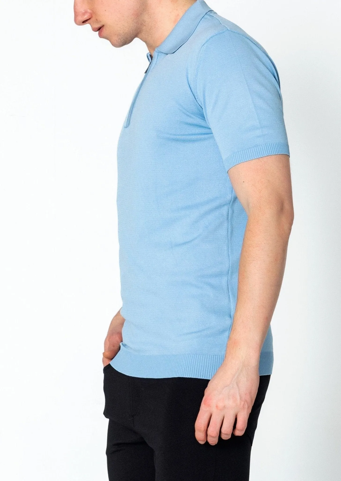 Zipper Closure Lightweight Polo Tee - Blue